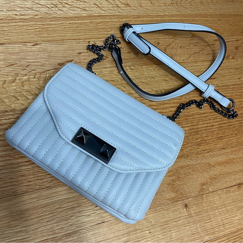 Grey leather clutch bag with removable cross body strap
